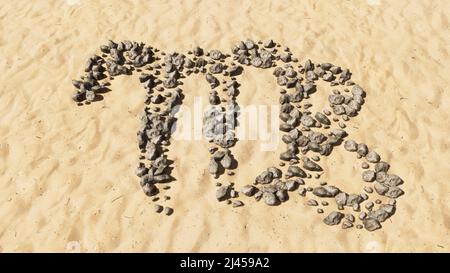 Concept pietre concettuali sulla spiaggia sabbia simbolo forma fatta a mano, sfondo sabbioso dorato, segno zodiacale virgo. 3d simbolo di illustrazione per esoterico, la m Foto Stock