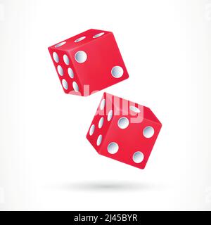 Illustrazione di due dadi rossi con punti bianchi. Casinò, gioco d'azzardo, fortuna. Concetto di gioco. Elemento di design per banner, poster, volantini e brochure. Illustrazione Vettoriale