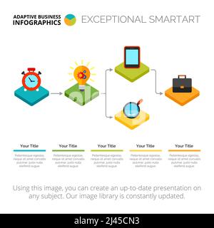 Diagramma di flusso a cinque fasi. Diagramma a fasi, diagramma delle opzioni, algoritmo. Dati aziendali. Concetto creativo per infografica, presentazione, progetto. Può essere utilizzato per Illustrazione Vettoriale