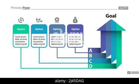Modello di diapositiva con grafico a freccia a quattro opzioni. Dati aziendali. Concetto creativo per infografica, presentazione, progetto, report. Può essere utilizzato per argomenti come Illustrazione Vettoriale