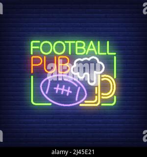 Cartello al neon football pub. Palla di rugby e bicchiere di birra a forma di sfondo in mattoni. Pubblicità notturna brillante. Illustrazione vettoriale in stile neon per Illustrazione Vettoriale