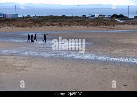 Elie Fife Scozia un villaggio turistico costiero, la marea è fuori e la gente del posto e turisti godere di una passeggiata sulla spiaggia. Cielo blu nei primi giorni di primavera. Foto Stock