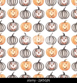 Acquerello disegnato a mano Halloween modello senza giunture, pauroso Party ripetizione carta, cute pumpkins stampa, sfondo gotico nero. Carta scrapbook Foto Stock