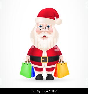 Illustrazione di Babbo Natale che trasporta i sacchetti della spesa. Vacanze, shopping, regali. Concetto di celebrazione. Elemento di disegno di Natale per biglietti d'auguri, poster Illustrazione Vettoriale