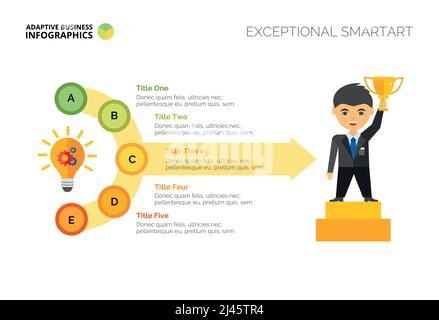 Diagramma di processo con cinque fasi. Diagramma di flusso, diagramma a freccia, layout. Concetto creativo per infografica, presentazione, progetto, report. Può essere utilizzato per a. Illustrazione Vettoriale