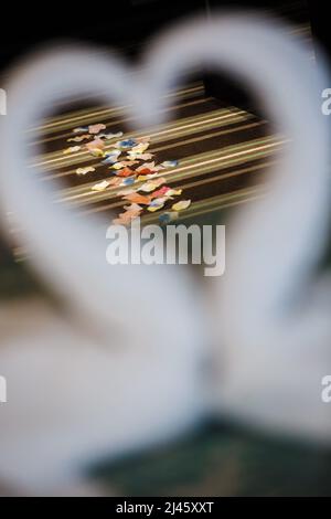 Sentiero di petali di rosa nella camera dell'hotel. Asciugamani a forma di cigno in primo piano. Foto Stock