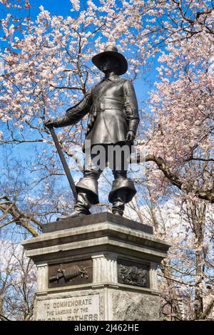 La statua di Pilgrim Hill è circondata da ciliegi Yoshino in fiore in primavera, New York City, USA 2022 Foto Stock