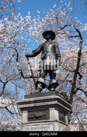 La statua di Pilgrim Hill è circondata da ciliegi Yoshino in fiore in primavera, New York City, USA 2022 Foto Stock