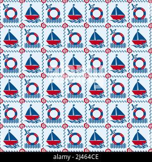 Modello marinaro e nautico in stile blu-rosso. Faro, barca, bussola, barca, ancora e altri elementi nautici. Illustrazione Vettoriale