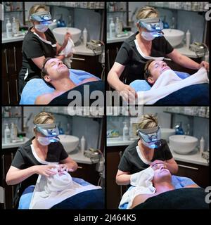 Quattro passaggi per migliorare la pelle. Scatto composito di un uomo che ottiene un trattamento facciale ad una clinica di bellezza. Foto Stock