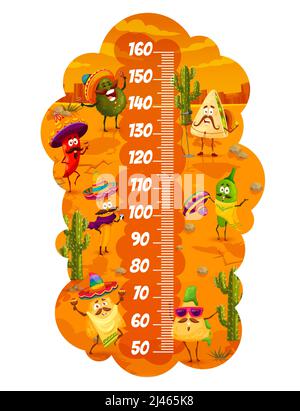 Cartoon messicano tex mex cibo personaggi, kids vettore altezza grafico. Scala regolo alta bambino con peperoncino in sombrero, nachos in poncho, avocado con maracas, churros, jalapeno e quesadilla Illustrazione Vettoriale