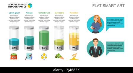 Grafico a barre finanziario a cinque colonne. Dati aziendali. Percentuale, valuta, diagramma. Concetto creativo per infografica, modelli, presentazione. Può essere utilizzato per Illustrazione Vettoriale