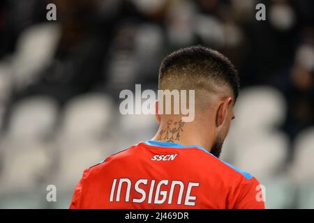 Un dettaglio di un tatuaggio di Lorenzo Insigne della SSC Napoli durante la Serie A Football match tra Juventus FC e SSC Napoli, allo Stadio Allianz, su 6 Foto Stock