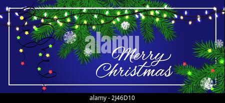 Allegra scritta natalizia in cornice con sprigs di abete, fiocchi di neve e archi di luci. L'iscrizione calligrafica può essere utilizzata per biglietti d'auguri, feste Illustrazione Vettoriale