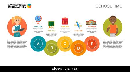 Modello di diapositiva grafico di processo con cinque opzioni. Dati aziendali. Conoscenza, studio, design. Concetto creativo per infografica, progetto. Può essere utilizzato per argomenti Illustrazione Vettoriale