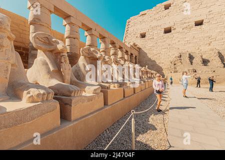 11 gennaio 2022, Luxor, Egitto: Folle di turisti che scattano foto all'antico tempio di Karnak tra vicolo di sfinge Foto Stock