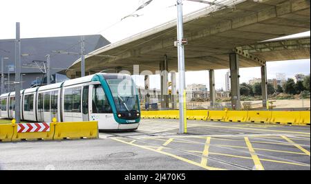 Tram in piazza Les Glories Catalanes, Barcellona, Catalunya, Spagna, Europa Foto Stock