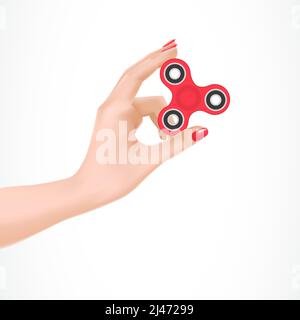 Illustrazione del fidget rosso spinner nel braccio femmina. Gira, giocattolo, stress. Concetto di meditazione. Può essere utilizzato per argomenti come la gestione dello stress, il rilassamento, KE Illustrazione Vettoriale