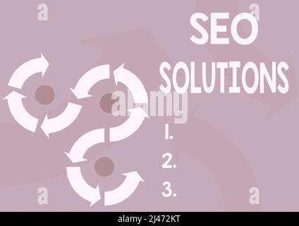 Cartello con la scritta Seo Solutions. Parola per pagina di risultato di Search Engine aumenti gli ospiti dai Rankings segno di freccia che simboleggia riuscito realizzare Foto Stock