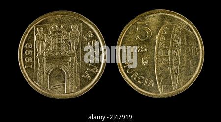 Monete spagnole - 5 pesetas, Murcia. Juan Carlos I. è stato coniato nel 1999 Foto Stock