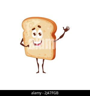 Cartoon sottile pane tostato carattere. Happy cuocino o spuntino personaggio che ondeggia la mano, isolato vettore divertente toast personage con gli occhi e il viso sorridente. Fumetto fetta di pane tostato felice mascotte Illustrazione Vettoriale
