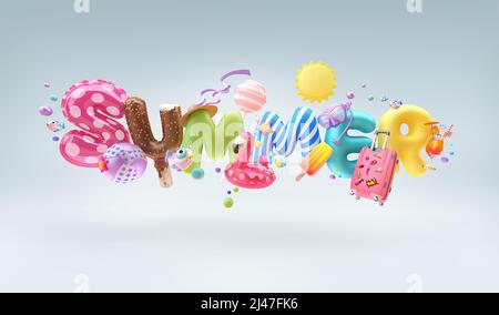 Sfondi di viaggio. Design banner rendering estate 3D. Concetto estivo. Foto Stock