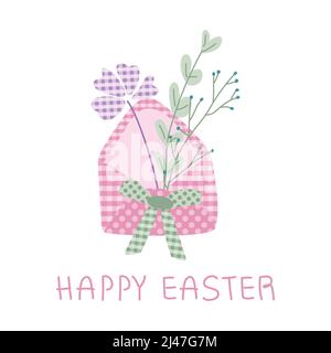 Felice Pasqua Patchwork vettore illustrazione con lettera di posta, arco, composizione fiori, e lettere in pastello motivo tartan disegno piatto, POP ARTE Illustrazione Vettoriale