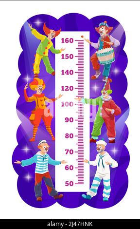 Bambini altezza tabella shapito circus clown misura di crescita. Scala vettoriale con grandi funnymen top, harlequins, funster in costumi luminosi. Righello da parete per la misurazione dell'altezza dei bambini con caratteri cartoni animati Illustrazione Vettoriale
