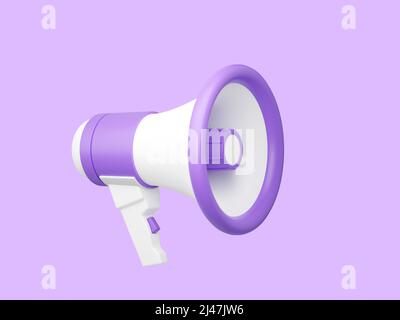 Illustrazione del rendering dell'altoparlante viola 3D. Megaphone isolato su sfondo bianco per pubblicità o annuncio di vendita. Foto Stock