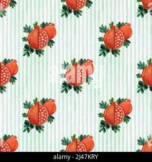 Senza cuciture dipinte a mano acquerello motivo Pomegranate tropicale con strisce pastello sullo sfondo Foto Stock