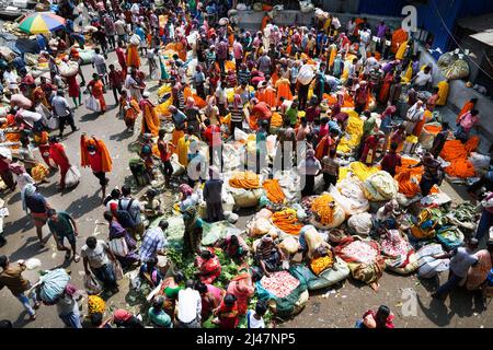 Mullik Ghat flower market, Kolkata (Calcutta), West Bengal, India, Asia Foto Stock