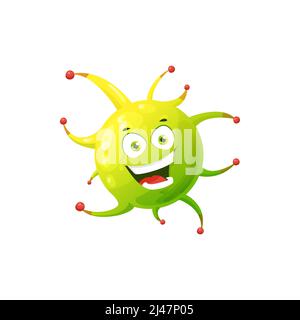 Icona vettore cellulare del virus cartoon, batteri furry o carattere germe con faccia sorridente toothy. Mostro di microvibe patogeno Covid con occhi aperti grandi e larghi, cellula verde di coronavirus isolato con peli Illustrazione Vettoriale