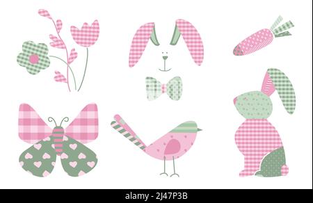 Collezione Primavera Pasqua, con coniglietto, uccello, carota, farfalla e fiori in colori pastello e motivo tartan. L'illustrazione vettoriale in astratto Illustrazione Vettoriale