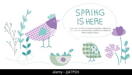 Banner primavera con uccello o pollo, cazzo, fiori, floreale in colori pastello e motivo tartan. L'illustrazione vettoriale con LA frase di scrittura MOLLA Illustrazione Vettoriale