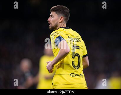 12 aprile 2022, Spagna, Madrid. Calcio: UEFA Champions League, Real Madrid vs Chelsea , quarti di finale al secondo stadio Santiago Bernabeu Jorginho 900/Cordon Press Foto Stock