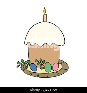 Torta di Pasqua isolato su sfondo bianco. Simbolo di Pasqua felice disegnato a mano. Torta Paschal con candela sul piatto. Cibo dolce per le vacanze. Stile Doodle. Vettore Illustrazione Vettoriale