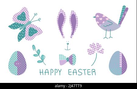 Collezione Primavera Pasqua, con coniglietto, uccello, uova, farfalla e fiori in colori pastello e motivo tartan. L'illustrazione vettoriale con Illustrazione Vettoriale
