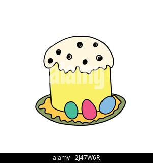 Torta di Pasqua isolato su sfondo bianco. Simbolo di Pasqua felice disegnato a mano. Torta Paschal con candela sul piatto. Cibo dolce per le vacanze. Stile Doodle. Vettore Illustrazione Vettoriale