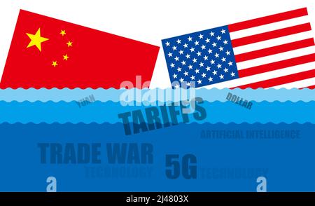 Guerra commerciale della Cina e degli Stati Uniti, Bandiera affondante in mare, illustrazione vettoriale Illustrazione Vettoriale