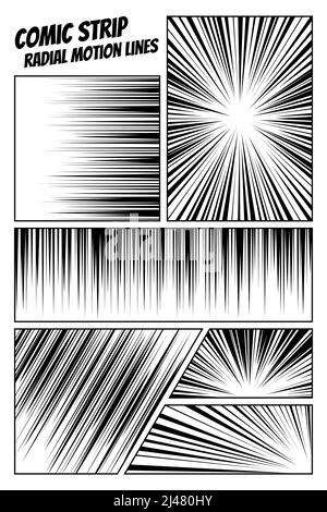 Set di linee di movimento radiale a fumetto. Fumetti ANIME libro Hero velocità o combattere azione texture raggi. Manga cartoon disegno esplosioni sfondo collezione. Illustrazione eps vettoriale Illustrazione Vettoriale