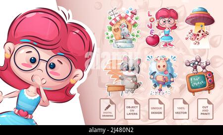 Adesivo set - elefante, ragazza, mucca, raccoon, agnello, mose Illustrazione Vettoriale