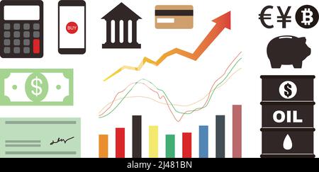 Insieme di icone finanziarie, ad esempio icone di denaro e banca, vettore Illustrazione Vettoriale