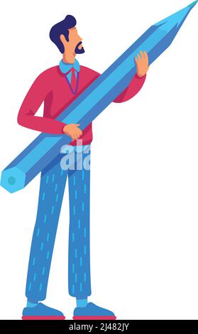 Uomo serio barbuto con grande matita semi piatto colore vettore carattere Illustrazione Vettoriale