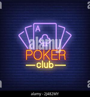 Scrittura della carta del poker con le carte da gioco. Icona neon su sfondo mattone. Giochi, nightclub, casinò. Concetto di gioco d'azzardo. Per argomenti come l'intrattenimento, leis Illustrazione Vettoriale