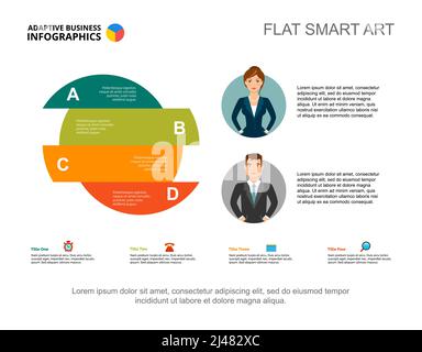 Modello di diapositiva con grafico circolare a quattro aree. Progettazione di presentazioni grafiche con diagramma delle opzioni. È possibile utilizzare un concetto creativo per infografiche, progetti e report Illustrazione Vettoriale