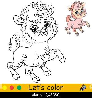 Cartoon cute llama felice. Colorare la pagina del libro con il modello colorato per i bambini. Illustrazione isolata dal vettore. Per colorare libri, stampe, giochi, feste, des Illustrazione Vettoriale