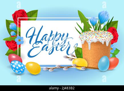 Buona scritta di Pasqua. Iscrizione per la celebrazione religiosa con uova colorate e torta di Pasqua. Testo scritto a mano, calligrafia. Può essere utilizzato per il messaggio di saluto Illustrazione Vettoriale