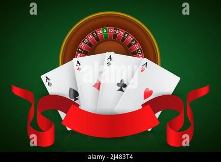 Roulette Casino, quattro assi e nastro rosso. Casino business pubblicità design. Per poster, banner, opuscoli e brochure. Illustrazione Vettoriale