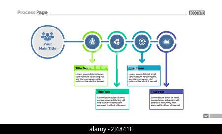 Modello di diapositiva del diagramma di processo in quattro fasi. Dati aziendali. Diagramma di flusso, diagramma, design. Concetto creativo per layout, report. Può essere utilizzato per argomenti come m Illustrazione Vettoriale