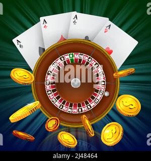 Roulette del casino, quattro assi e monete d'oro volanti. Casino business pubblicità design. Per poster, banner, opuscoli e brochure. Illustrazione Vettoriale